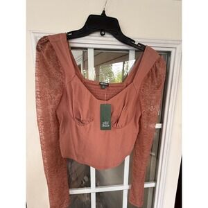 Wild Fable Women's Long Sleeve Lace Bustier top XS rust brown w/ lace sleeves